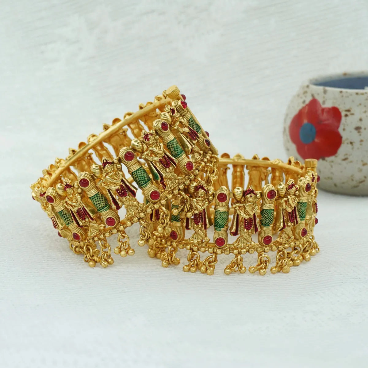 Panini Jewels Gold-Plated Red & Green Enamel Temple Design Bangles for Women