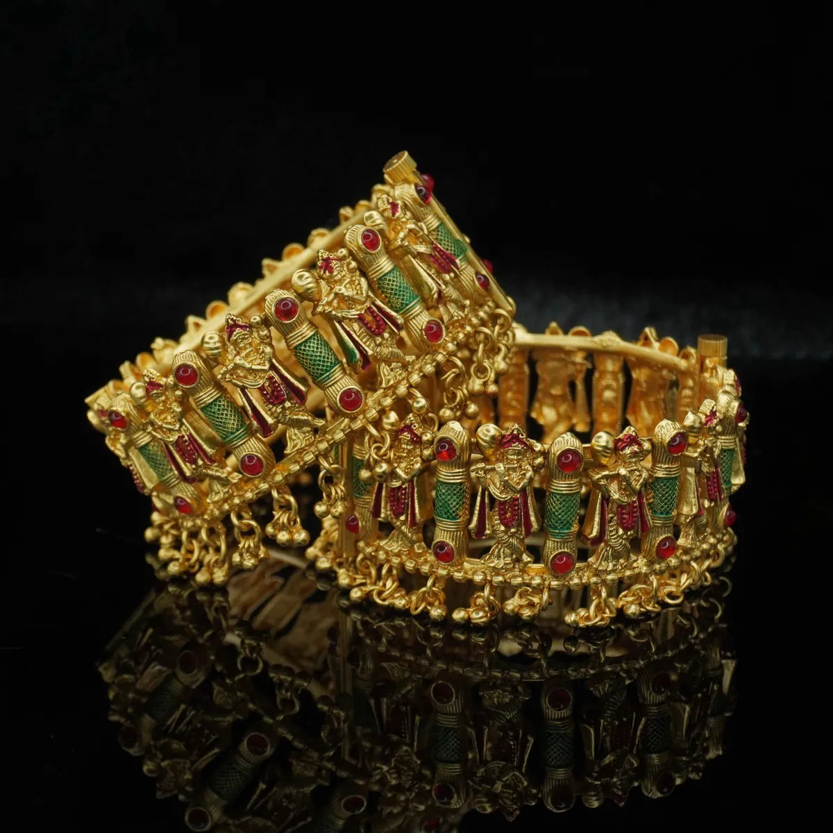 Panini Jewels Gold-Plated Red & Green Enamel Temple Design Bangles for Women