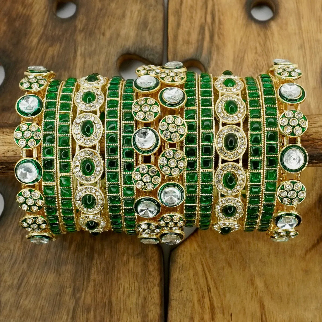 Panini Jewels Green Stone & Kundan Gold-Plated Bangle Set for Women – Traditional Wedding Jewellery
