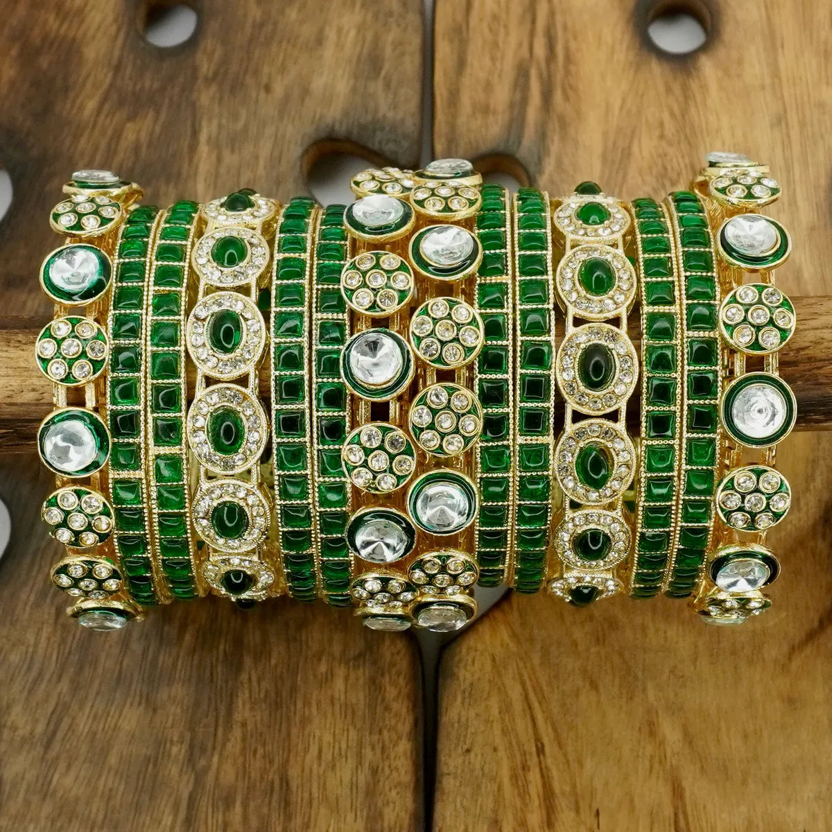 Panini Jewels Green Stone & Kundan Gold-Plated Bangle Set for Women – Traditional Wedding Jewellery