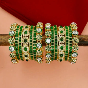 Panini Jewels Green Stone & Kundan Gold-Plated Bangle Set for Women – Traditional Wedding Jewellery