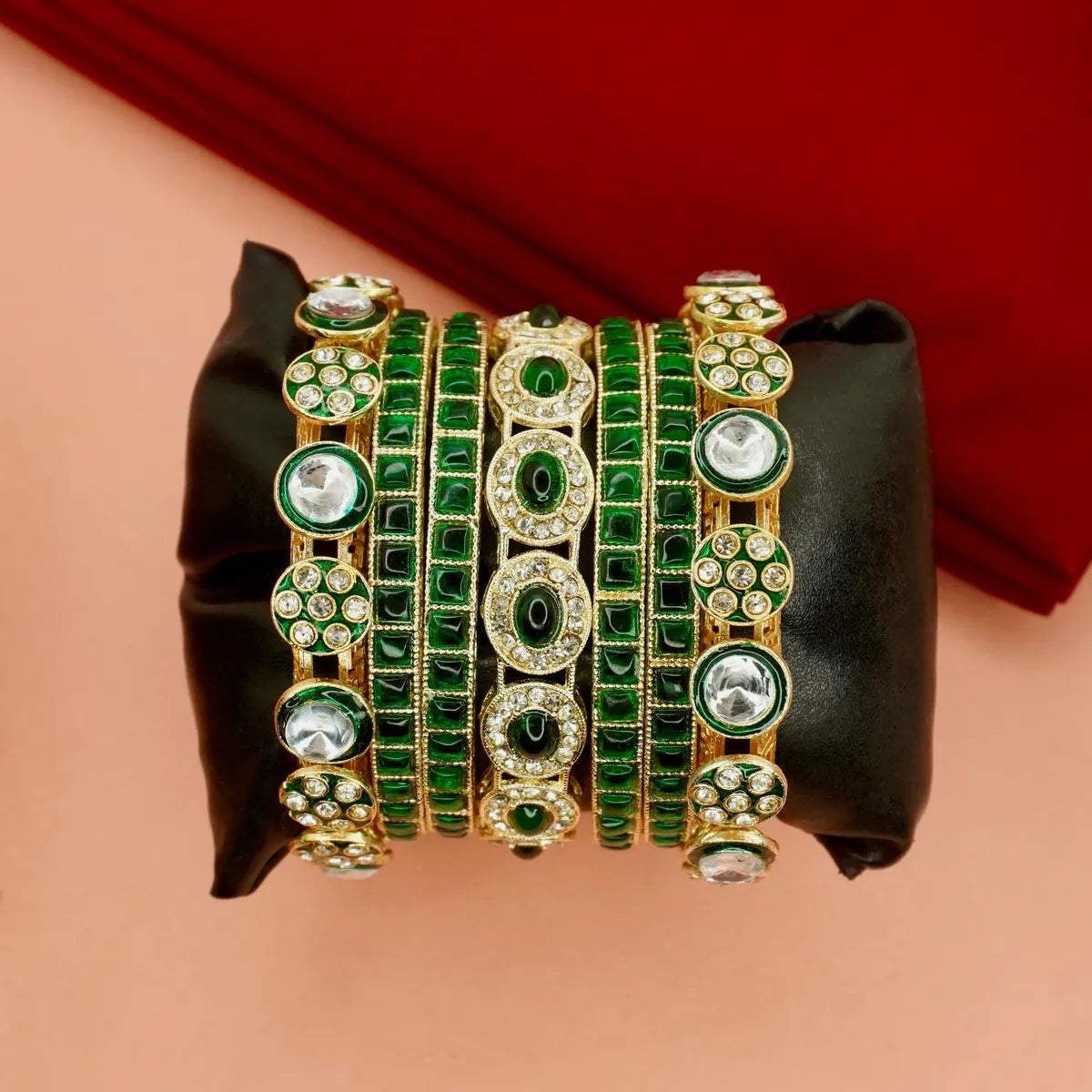 Panini Jewels Green Stone & Kundan Gold-Plated Bangle Set for Women – Traditional Wedding Jewellery