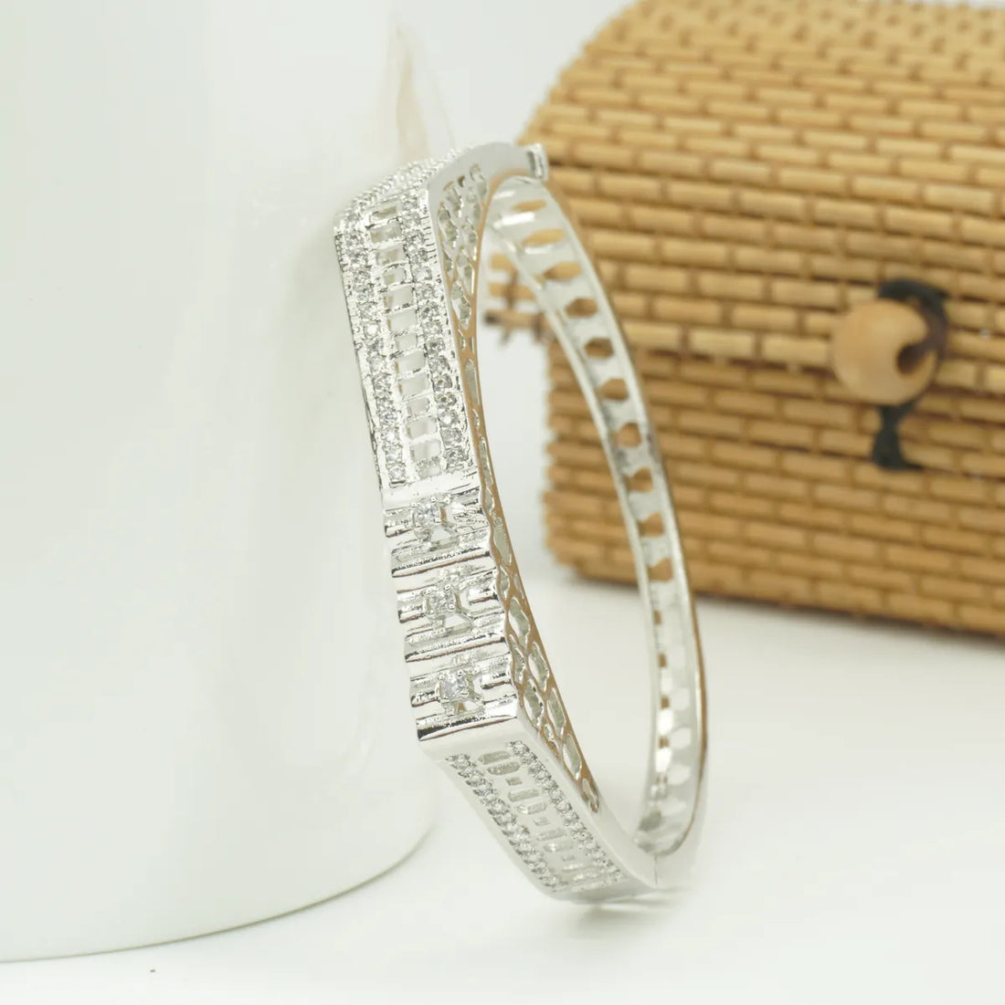 Panini Jewels Silver Plated Crystal Studded Contemporary Designer Kada Bangle