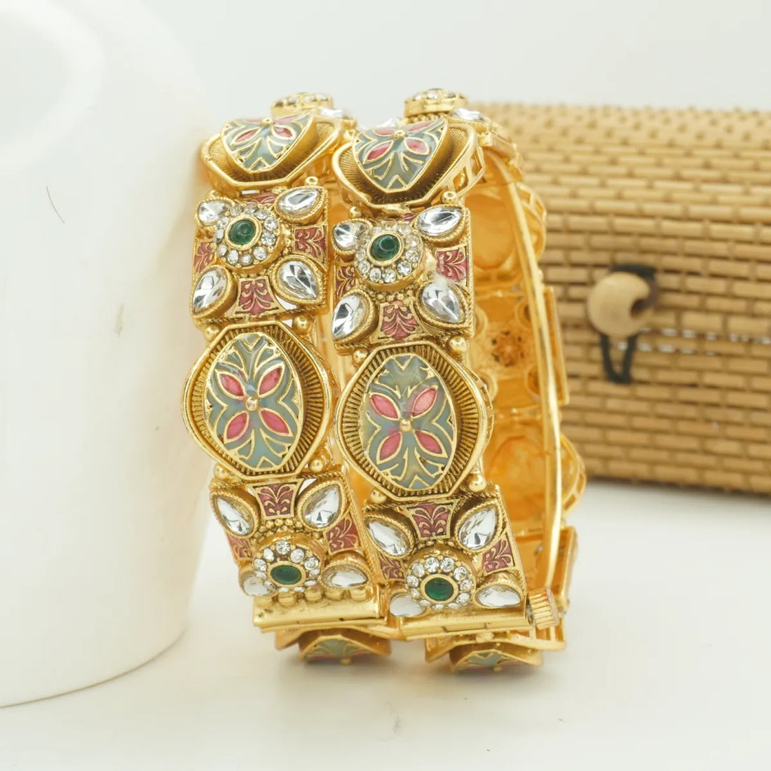 Panini Jewels Gold Plated Kundan Meenakari Floral Designer Bangles Set