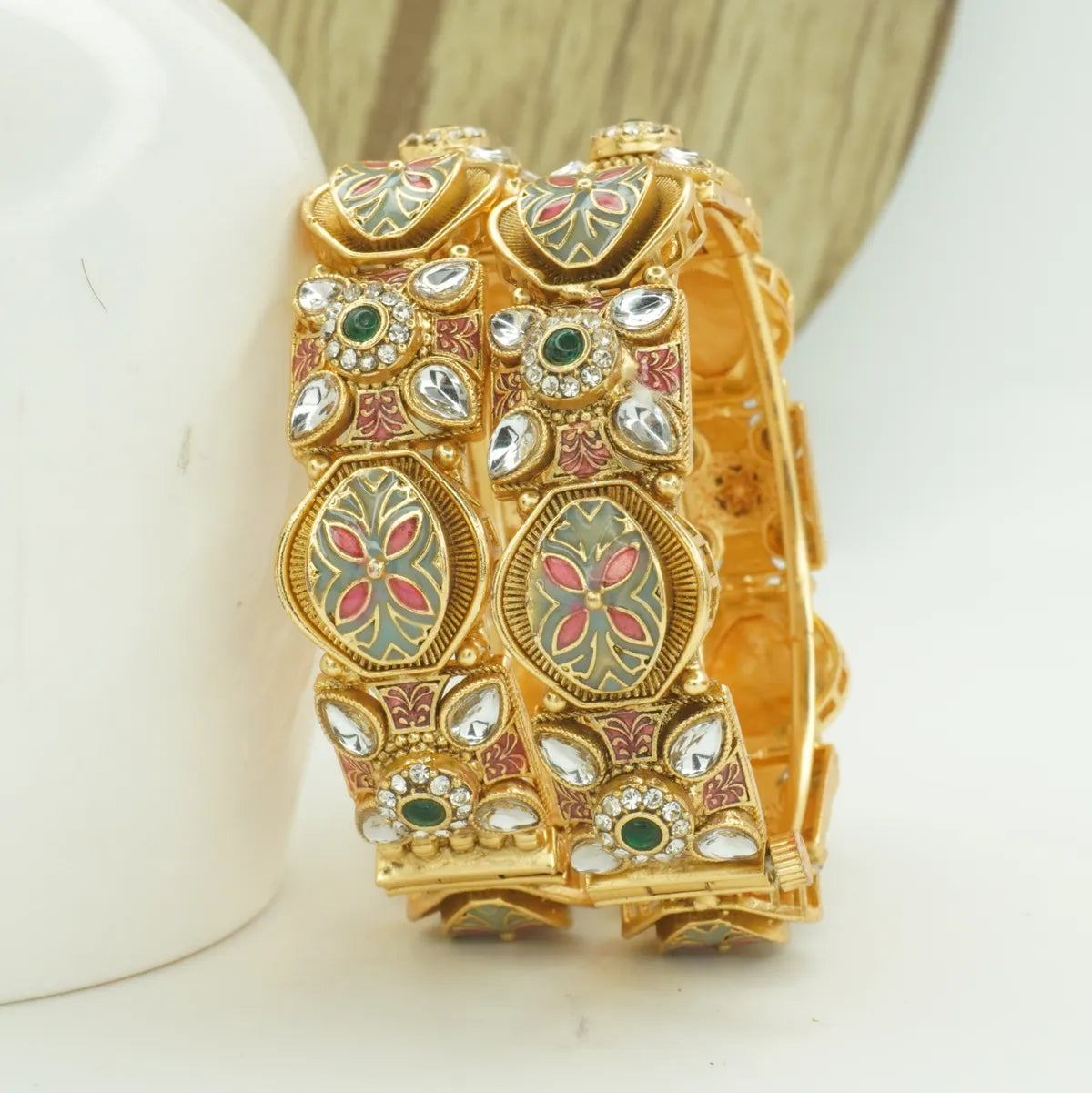 Panini Jewels Gold Plated Kundan Meenakari Floral Designer Bangles Set