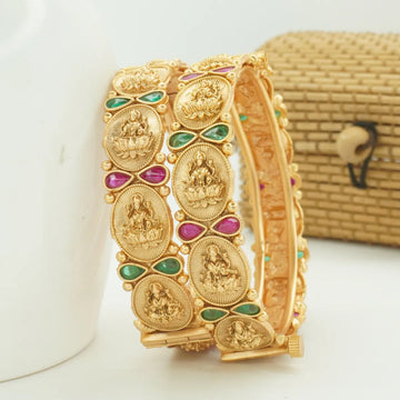 Antique Temple Design Gold Plated Lakshmi Kada Bangle Pair for Women