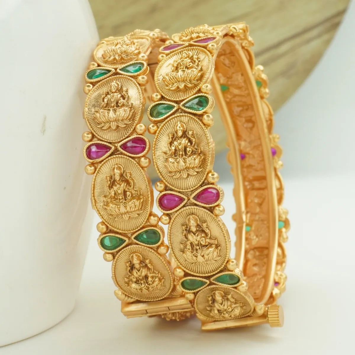 Antique Temple Design Gold Plated Lakshmi Kada Bangle Pair for Women