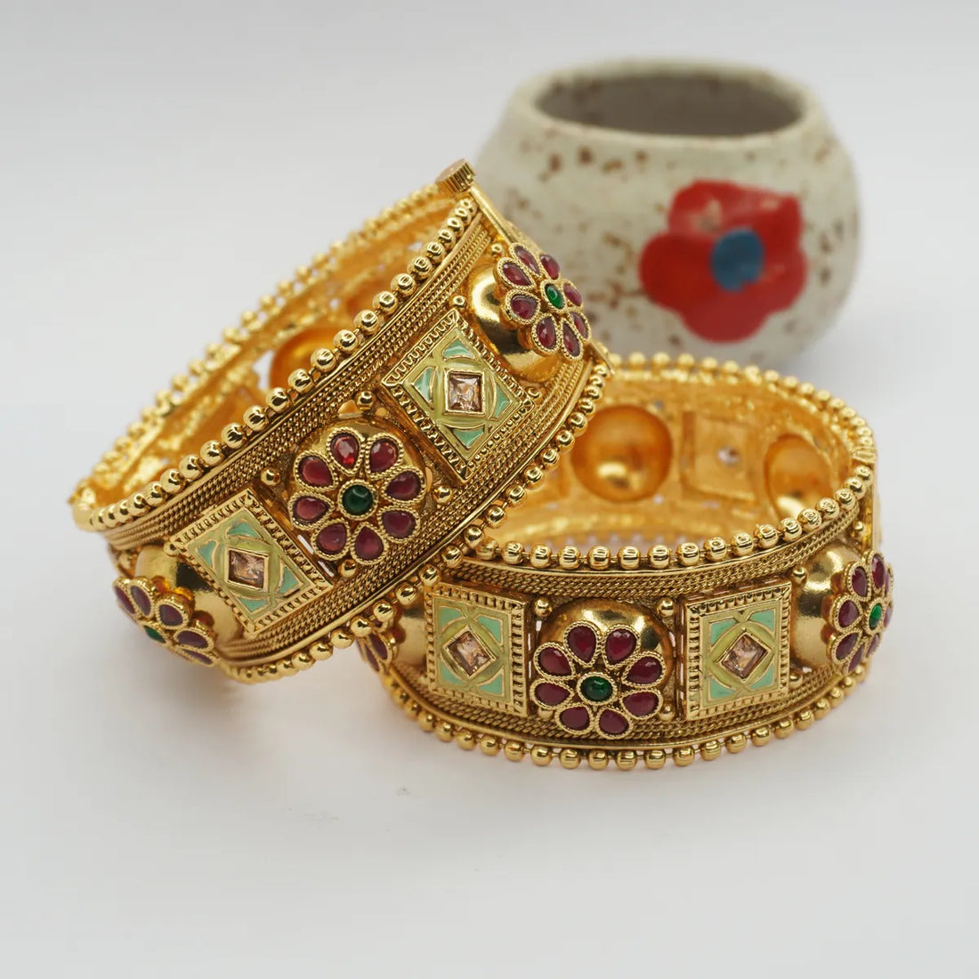 Gold Plated Beautifully Design Ruby & Ad Work Kada (2 Pieces )