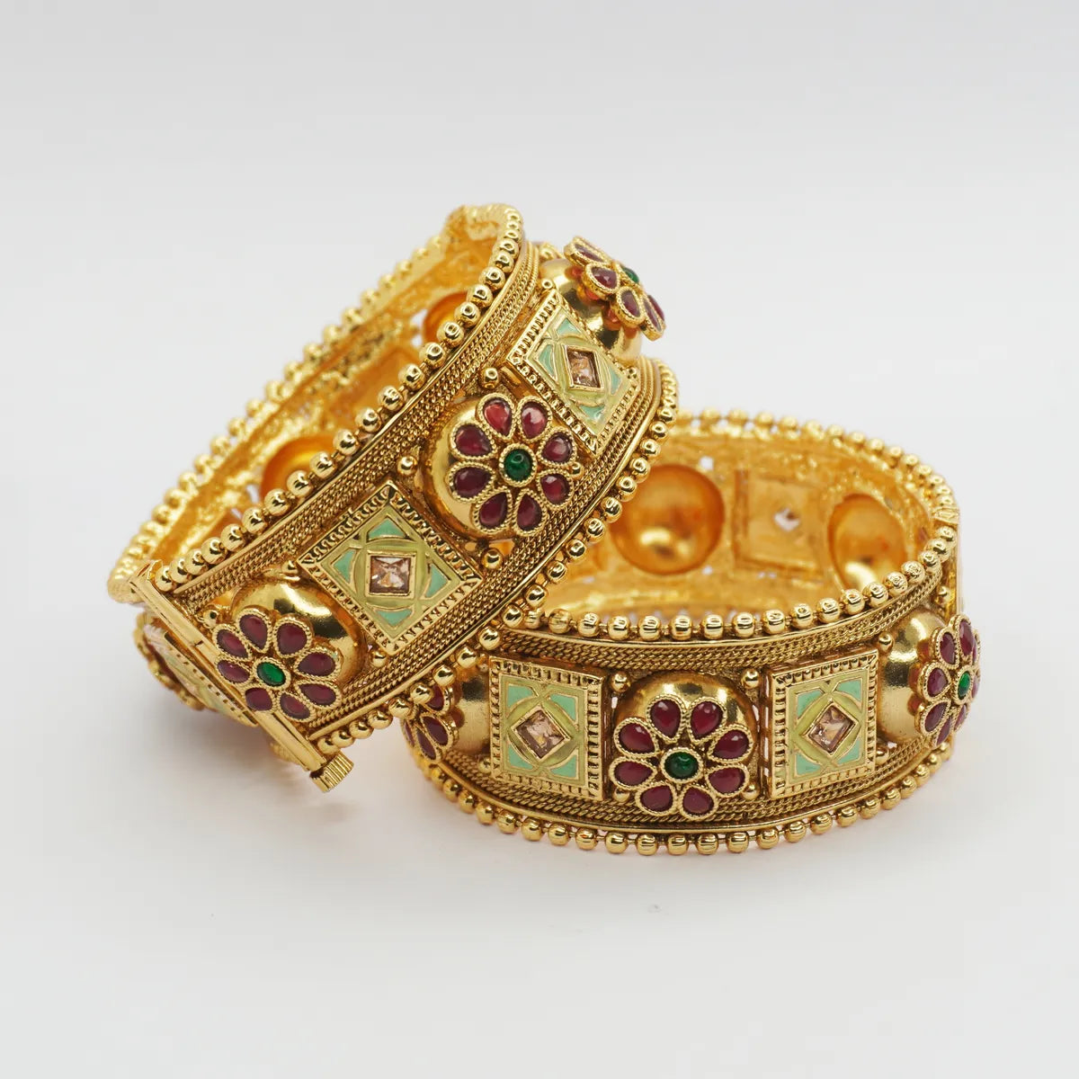 Gold Plated Beautifully Design Ruby & Ad Work Kada (2 Pieces )