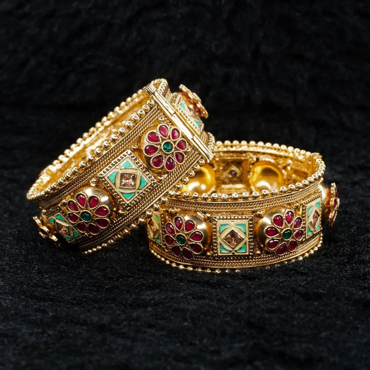 Gold Plated Beautifully Design Ruby & Ad Work Kada (2 Pieces )