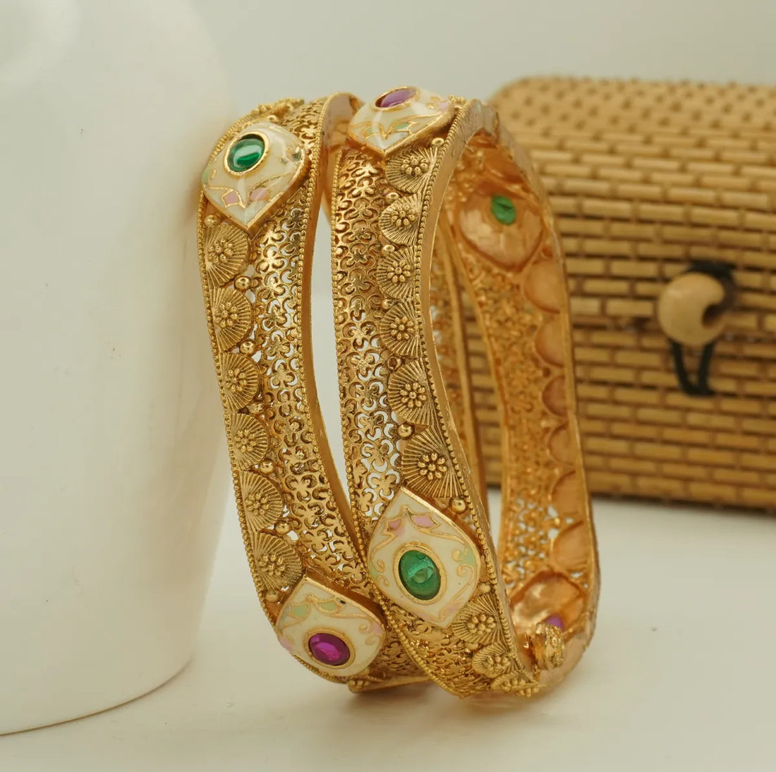 Antique Gold Plated Floral Carved Green and Pink Stone Bridal Bangle Set