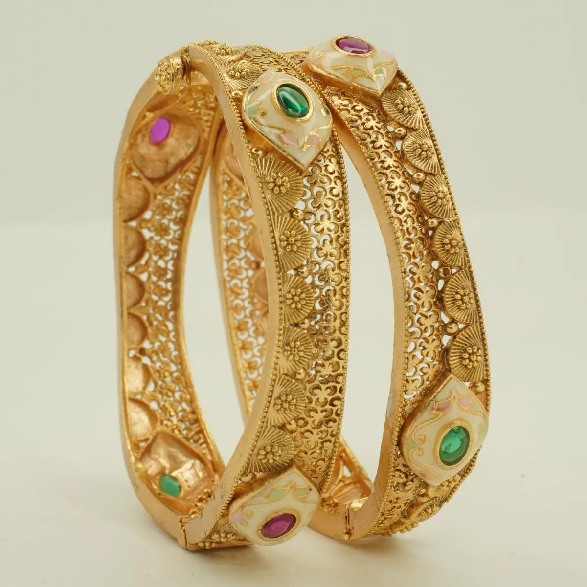 Antique Gold Plated Floral Carved Green and Pink Stone Bridal Bangle Set