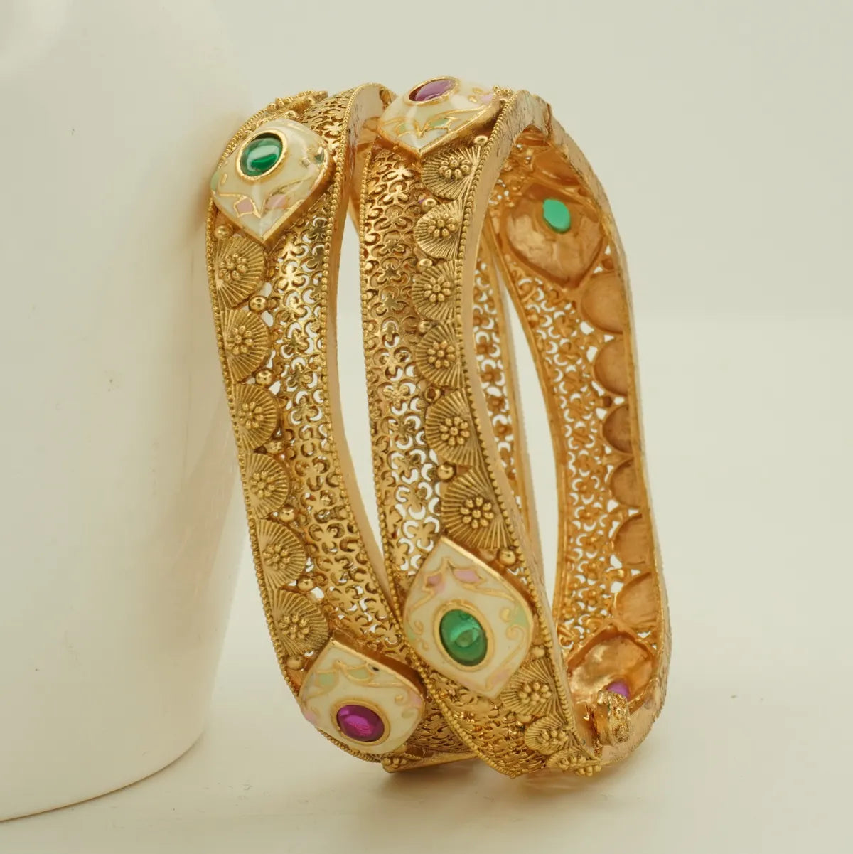 Antique Gold Plated Floral Carved Green and Pink Stone Bridal Bangle Set