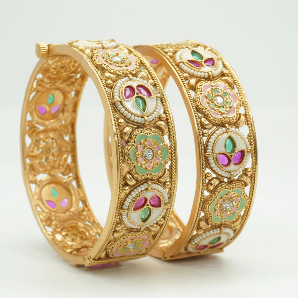 Gold Plated Pink Green Enamel Floral Pearl Bangles Set