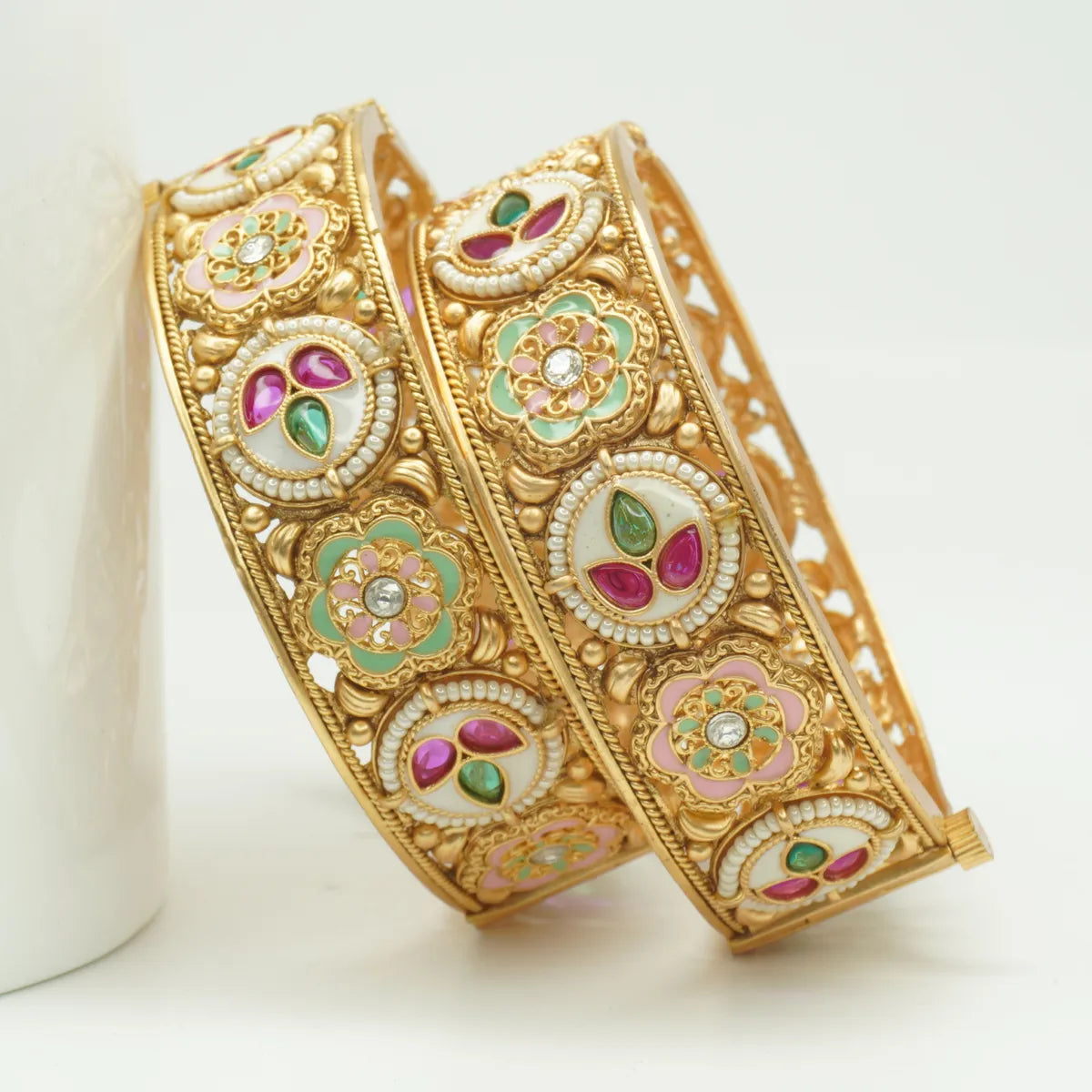 Gold Plated Pink Green Enamel Floral Pearl Bangles Set