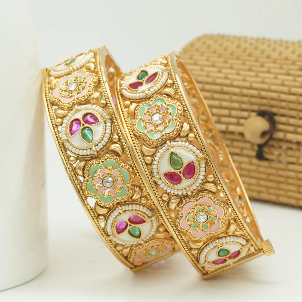 Gold Plated Pink Green Enamel Floral Pearl Bangles Set
