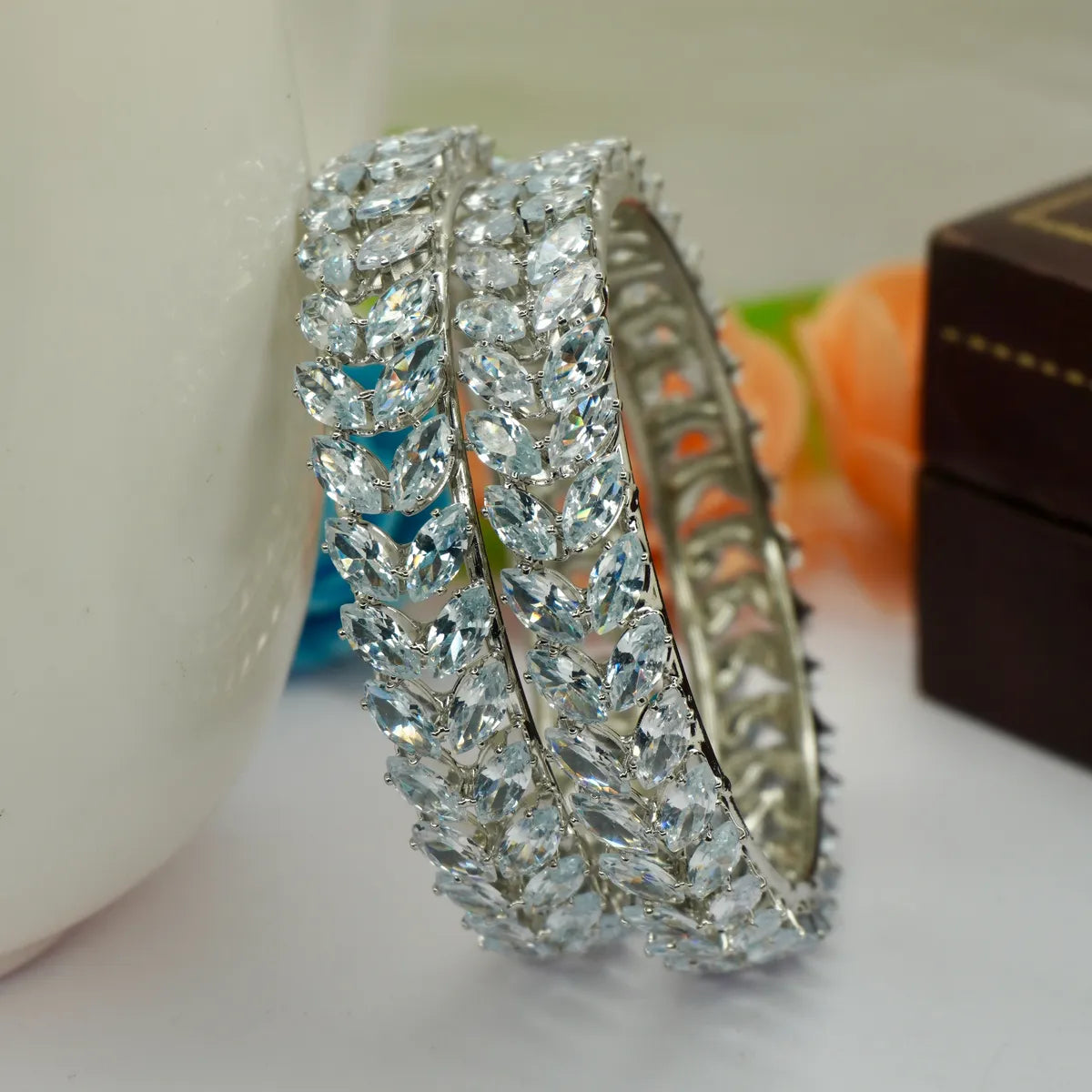 Silver Plated Crystal Bangle Set with Blue Stones for Women