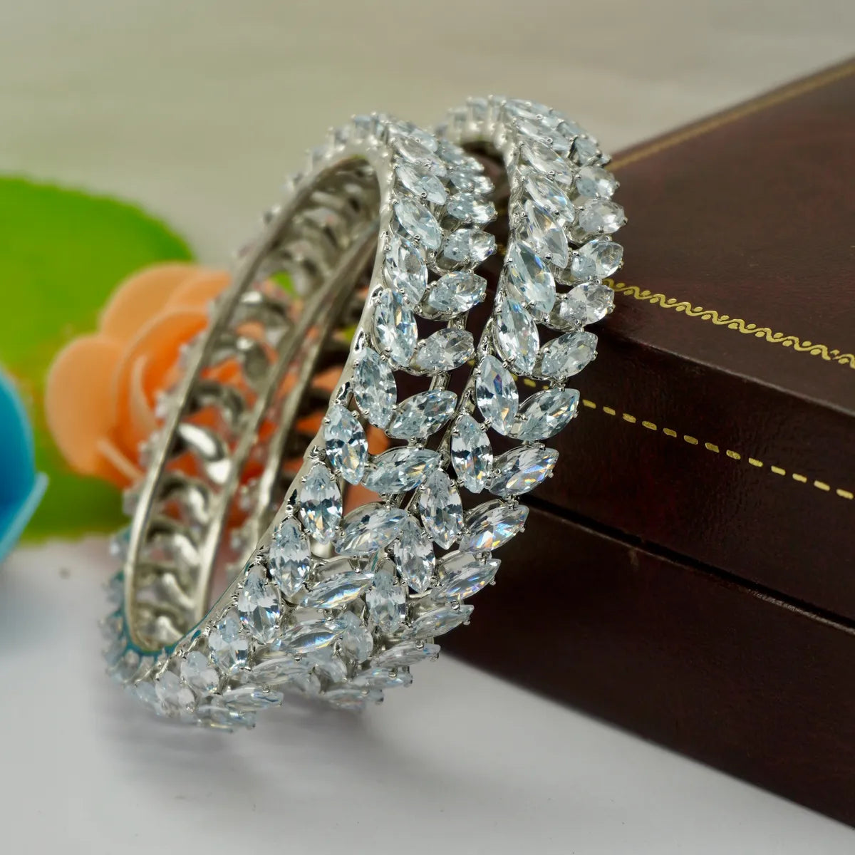 Silver Plated Crystal Bangle Set with Blue Stones for Women