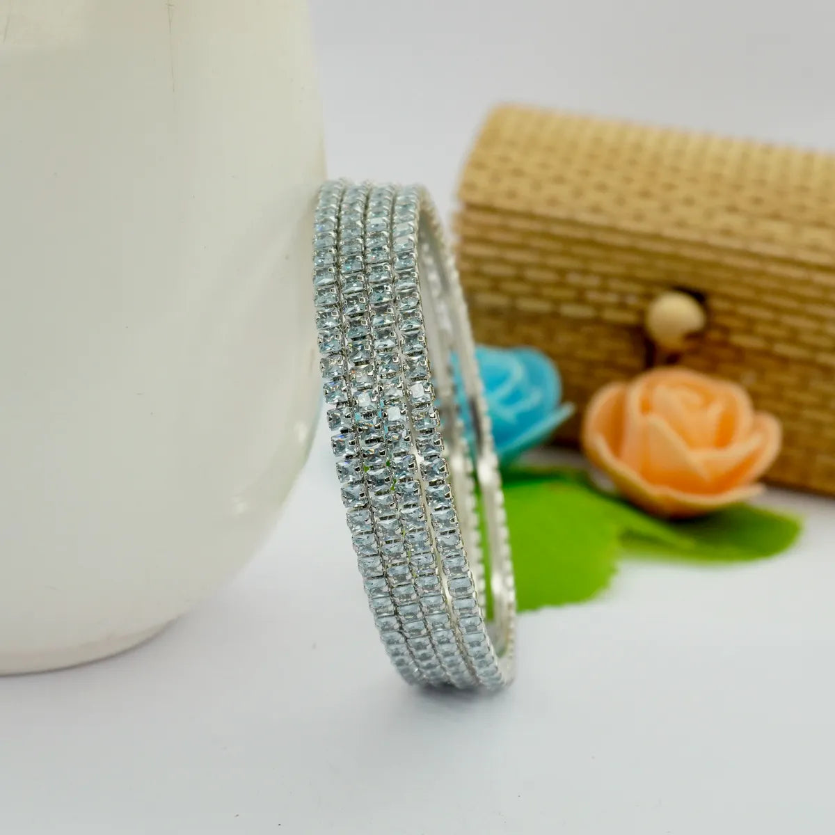 Silver Plated Crystal Bangle Set with Stones for Women 4-PIC