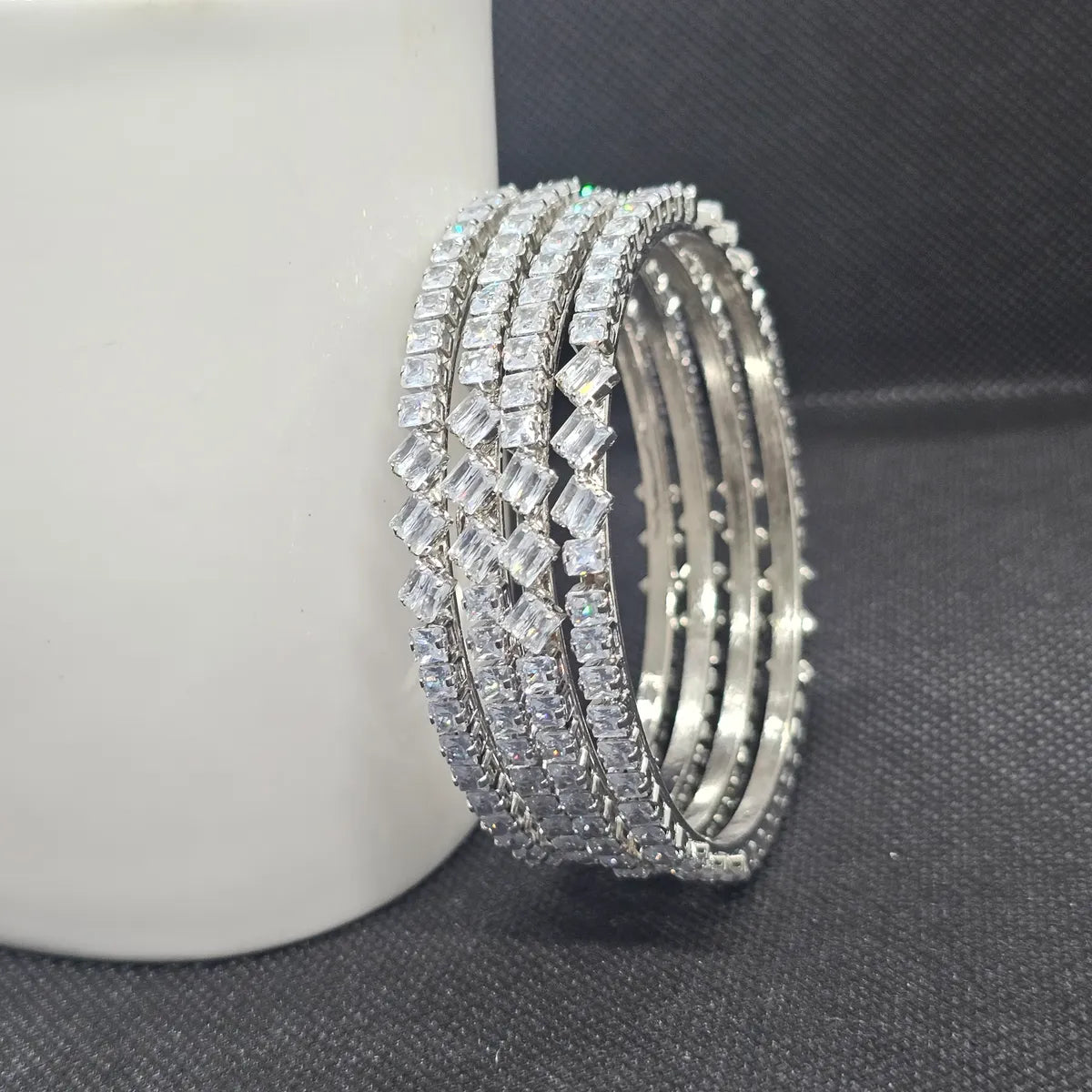 Silver Plated Cubic Zirconia Stone Studded Bangles Set for Women