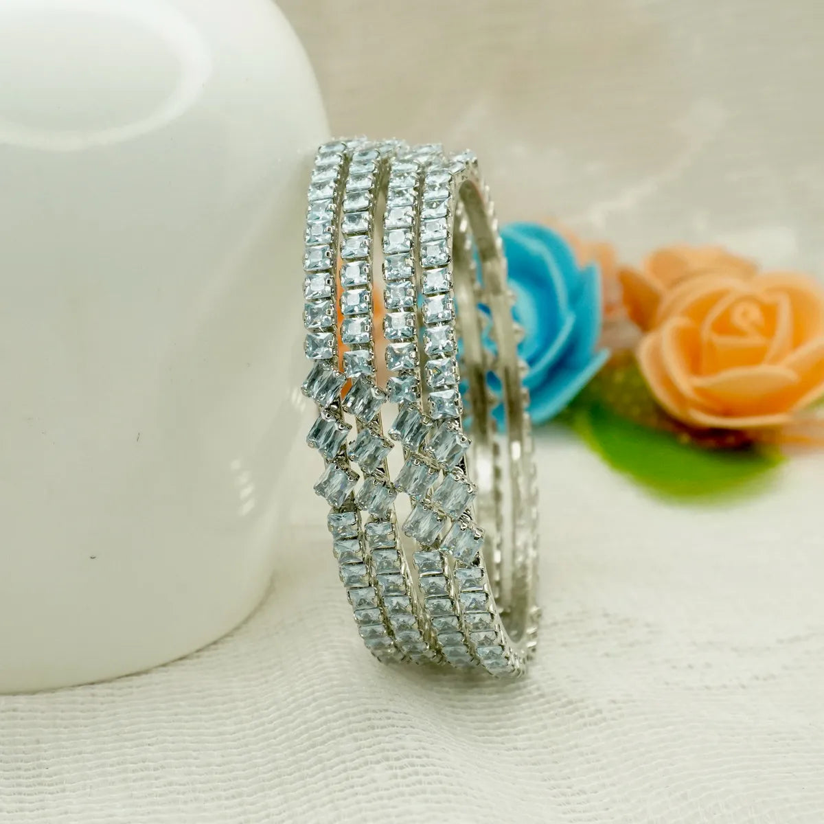 Silver Plated Cubic Zirconia Stone Studded Bangles Set for Women