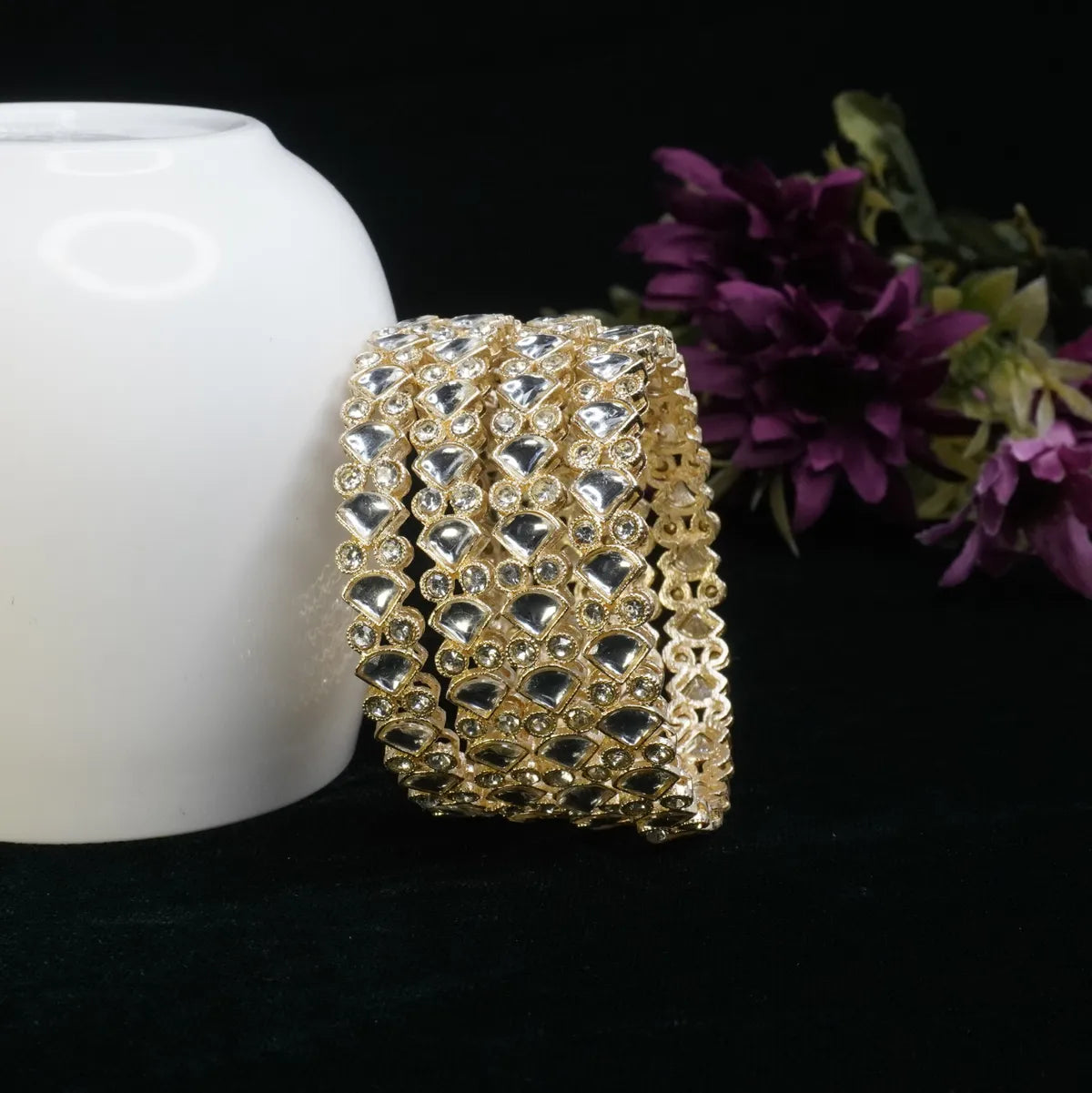 Gold-Plated Heart Mirror Work Traditional Broad Bangle Set for Women