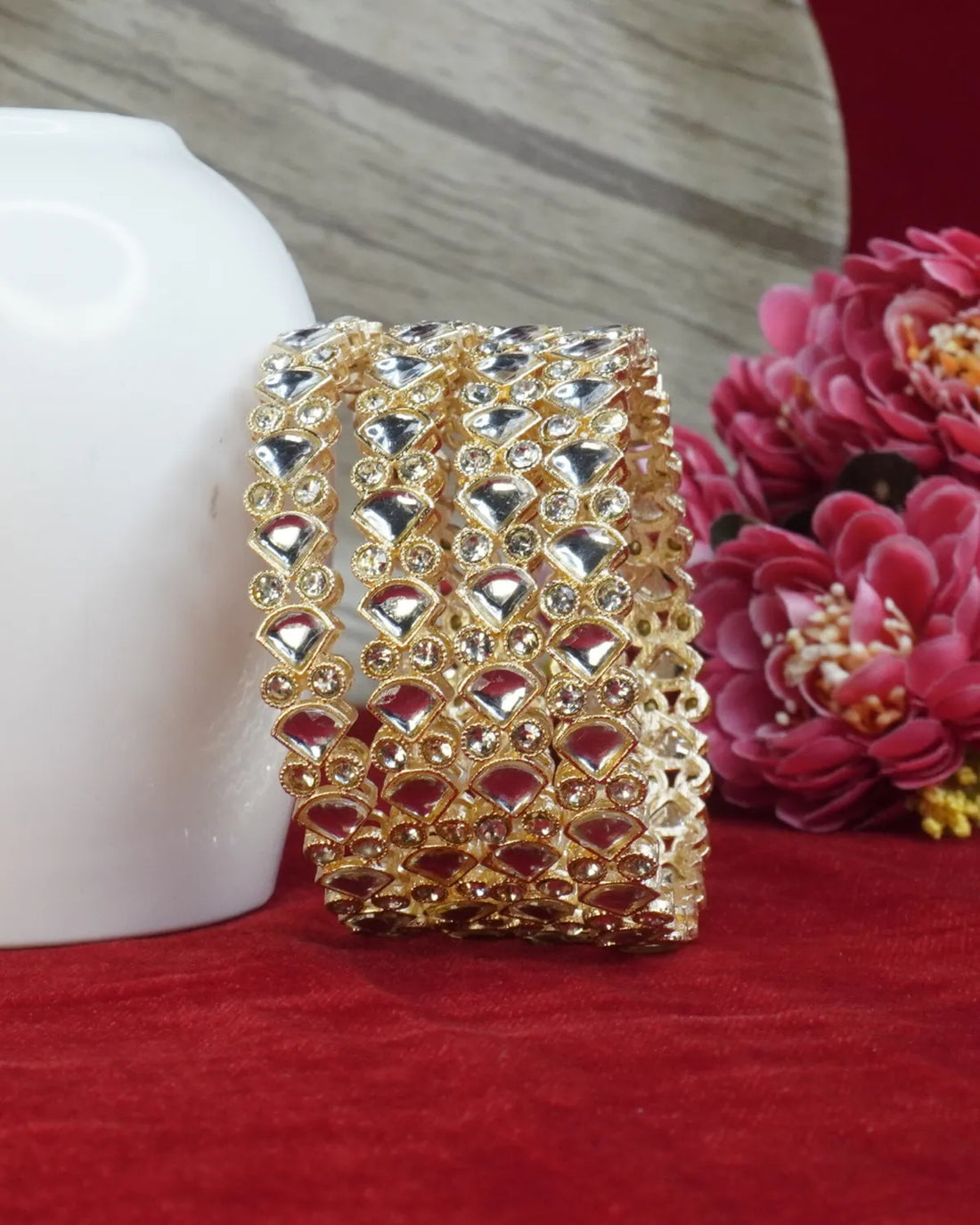 Gold-Plated Heart Mirror Work Traditional Broad Bangle Set for Women