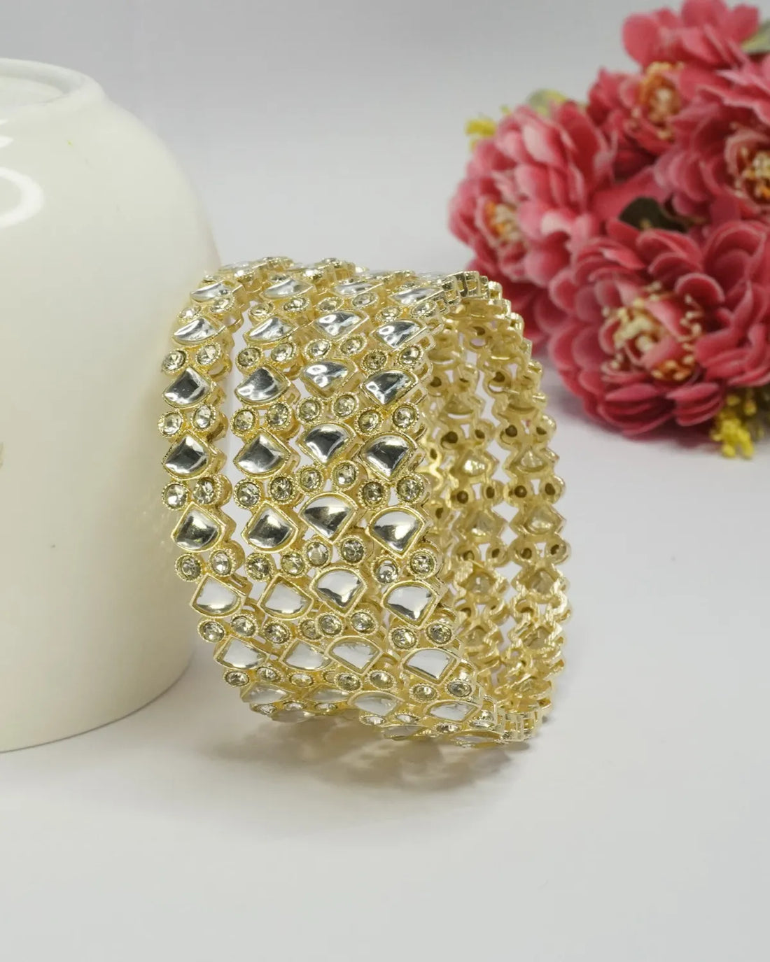 Gold-Plated Heart Mirror Work Traditional Broad Bangle Set for Women