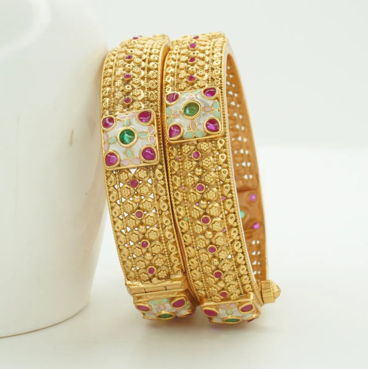 Traditional Antique Gold Plated Kundan Stone Kada Bangle Pair for Women