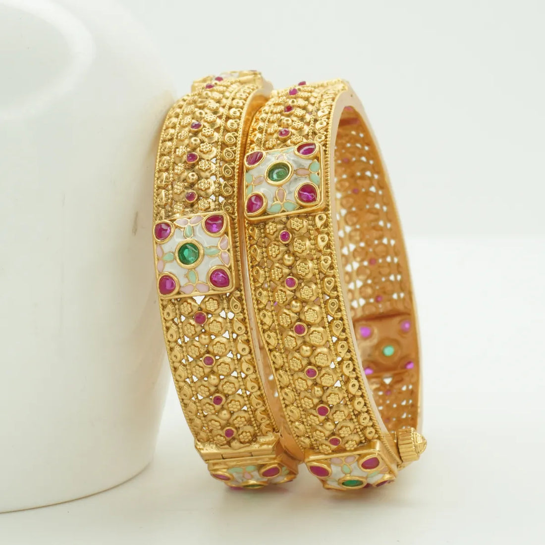 Traditional Antique Gold Plated Kundan Stone Kada Bangle Pair for Women