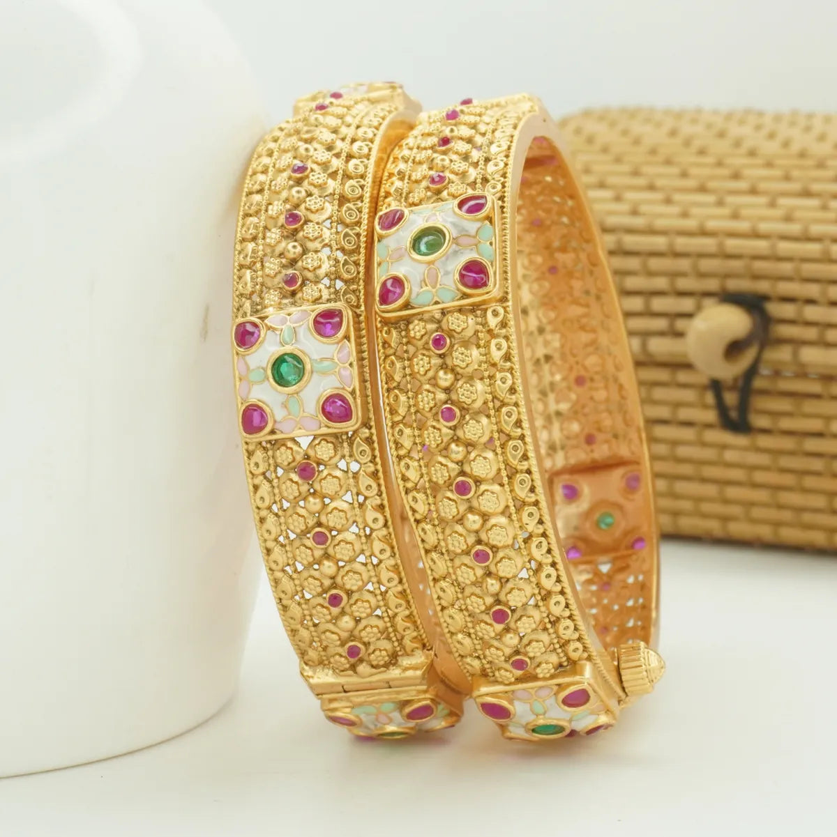 Traditional Antique Gold Plated Kundan Stone Kada Bangle Pair for Women