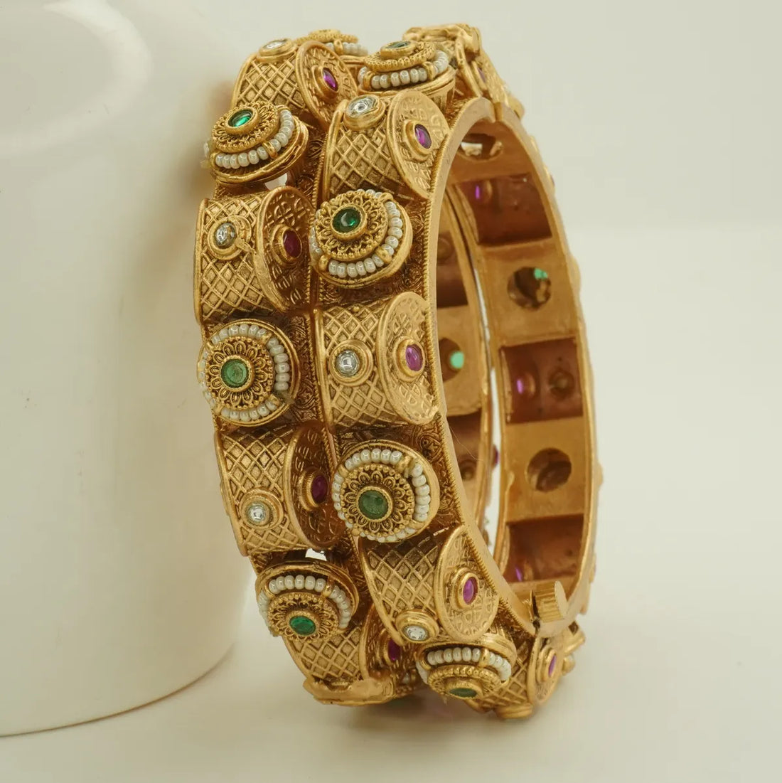 Antique Gold Plated Heavy Carved Green and Pink Stone Bridal Bangle Set for Women