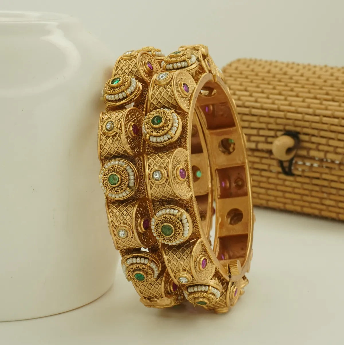 Antique Gold Plated Heavy Carved Green and Pink Stone Bridal Bangle Set for Women