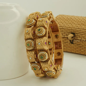 Antique Gold Plated Heavy Carved Green and Pink Stone Bridal Bangle Set for Women