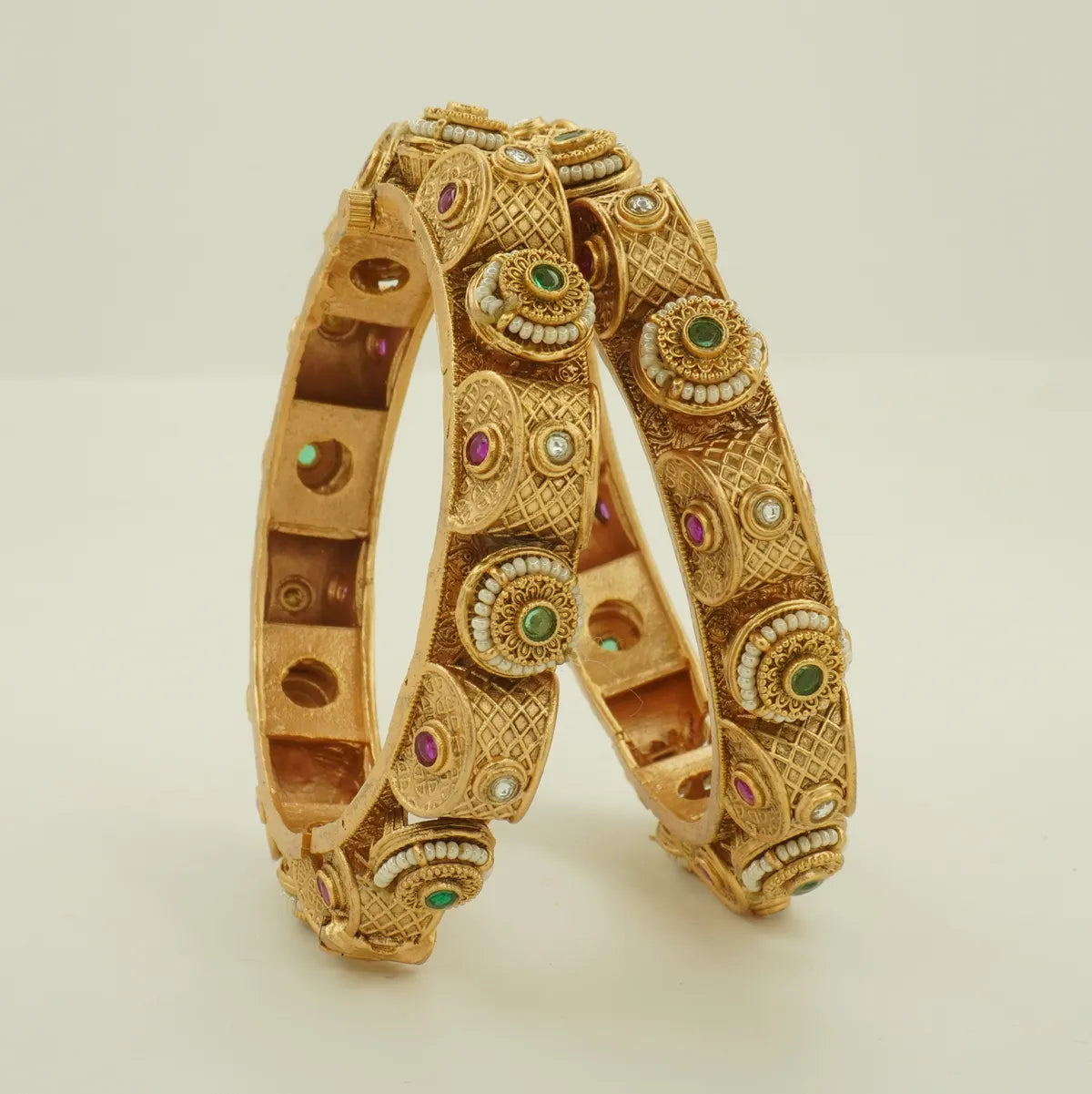 Antique Gold Plated Heavy Carved Green and Pink Stone Bridal Bangle Set for Women