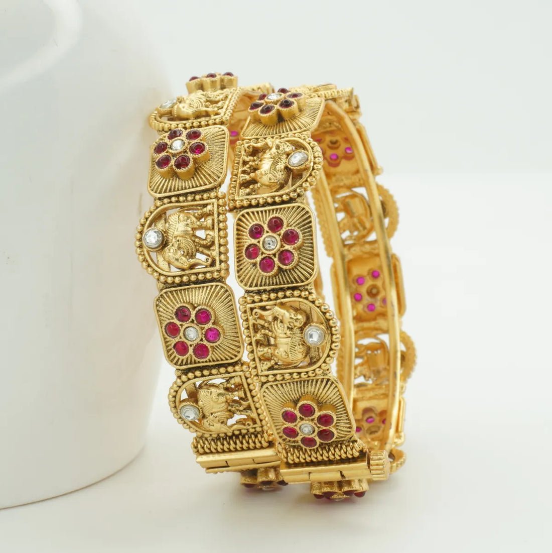 Panini Jewels Gold Plated Temple Design Stone Studded Designer Bangles Set