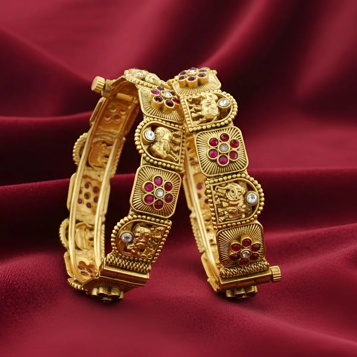 Panini Jewels Gold Plated Temple Design Stone Studded Designer Bangles Set