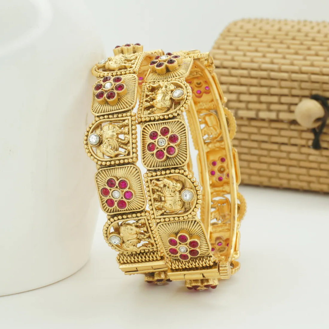 Panini Jewels Gold Plated Temple Design Stone Studded Designer Bangles Set