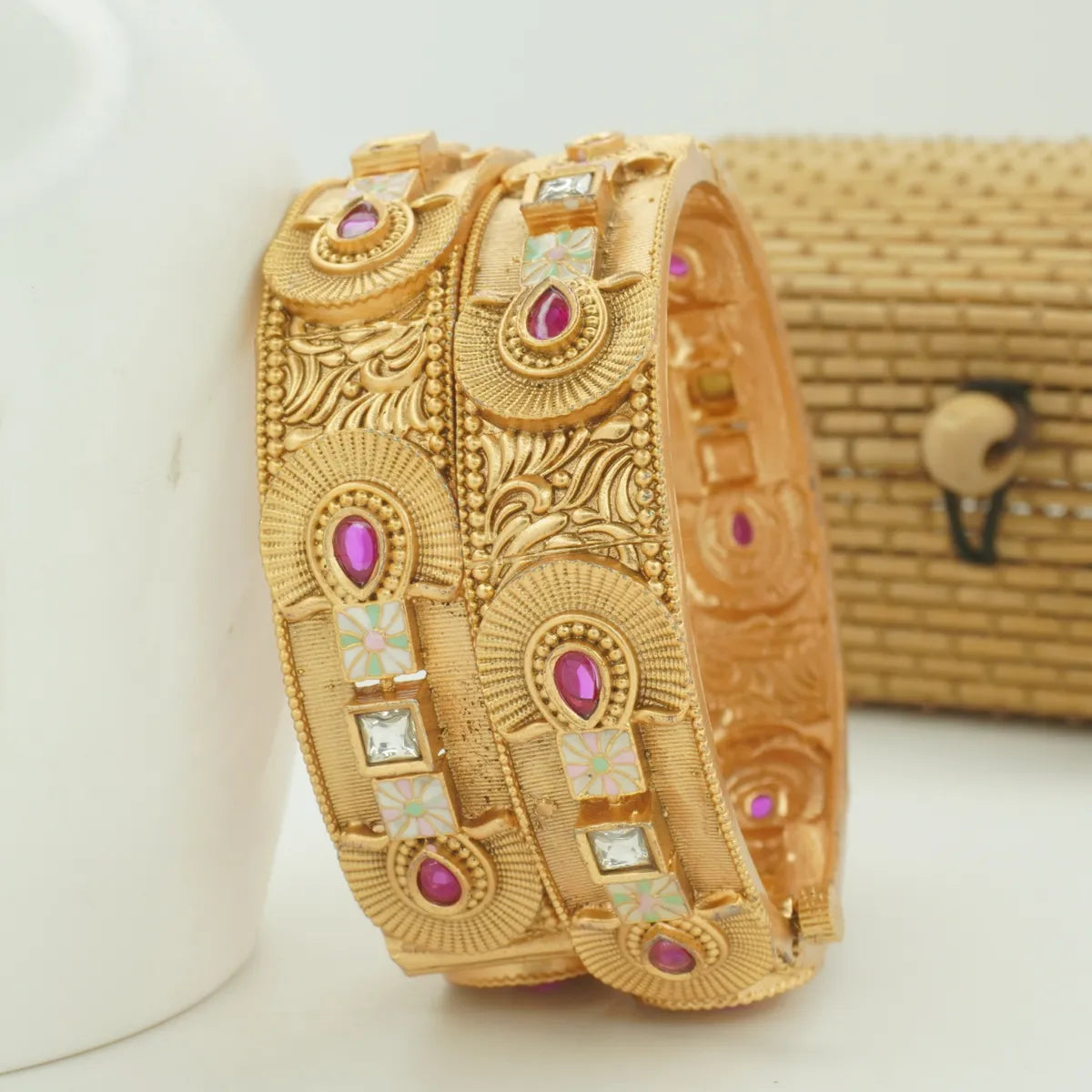 Antique Gold Plated Ruby Stone & Meenakari Designer Kada Bangle Pair for Women