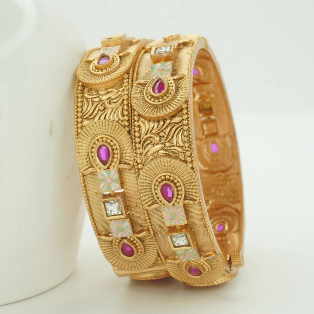 Antique Gold Plated Ruby Stone & Meenakari Designer Kada Bangle Pair for Women