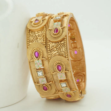 Antique Gold Plated Ruby Stone & Meenakari Designer Kada Bangle Pair for Women