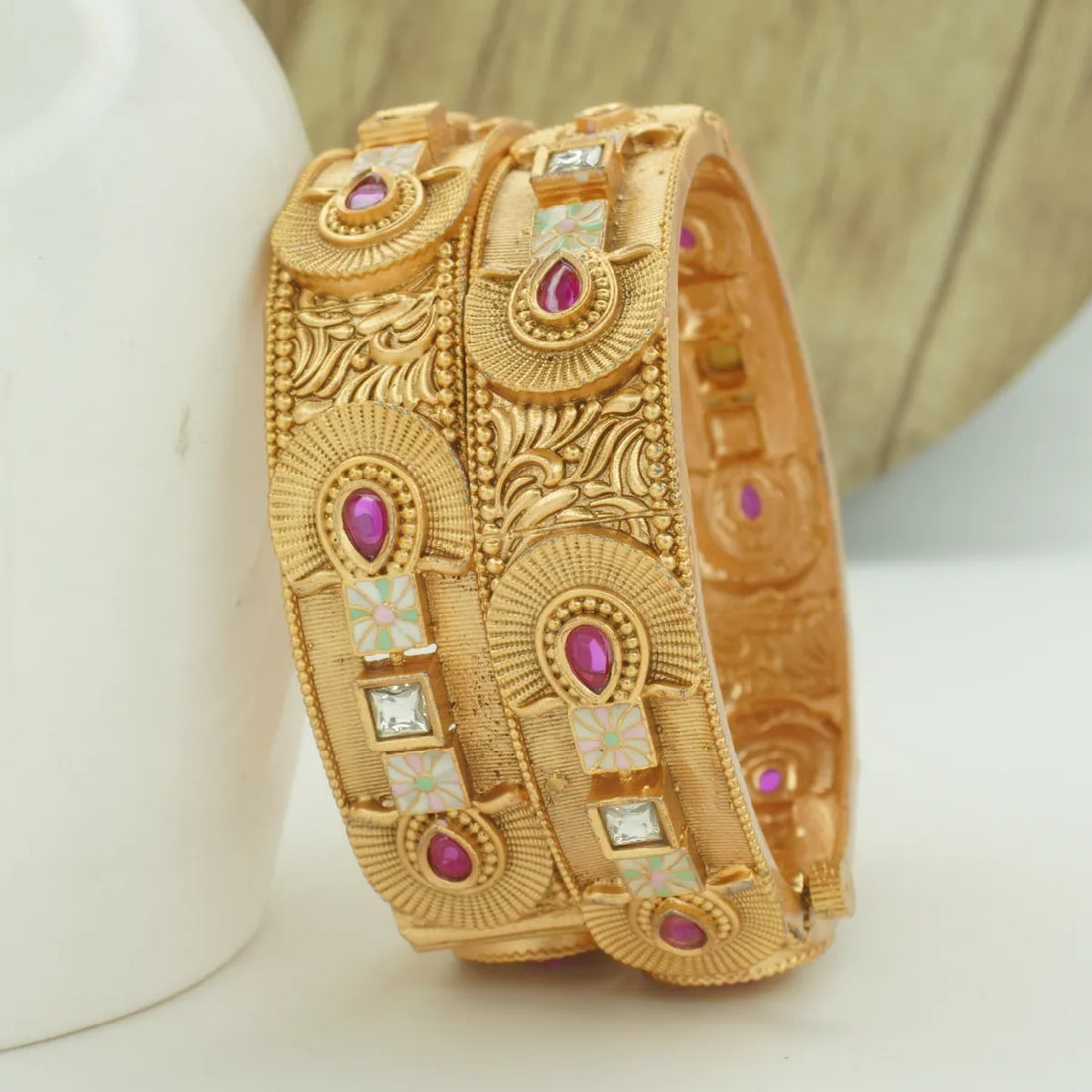 Antique Gold Plated Ruby Stone & Meenakari Designer Kada Bangle Pair for Women