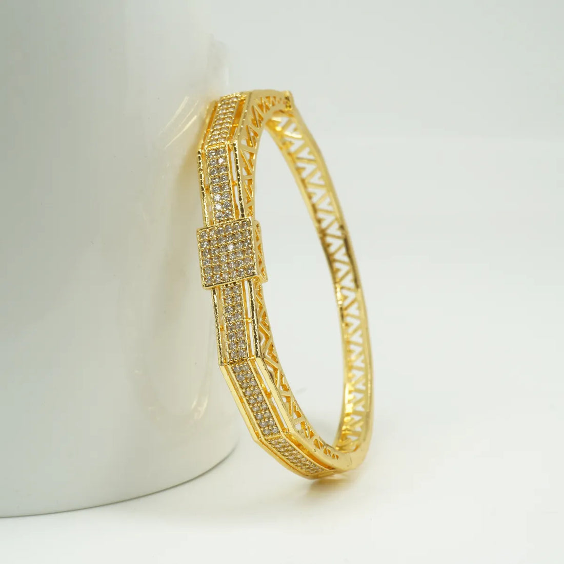 Panini Jewels Gold Plated Crystal Studded Square Motif Designer Kada Bangle
