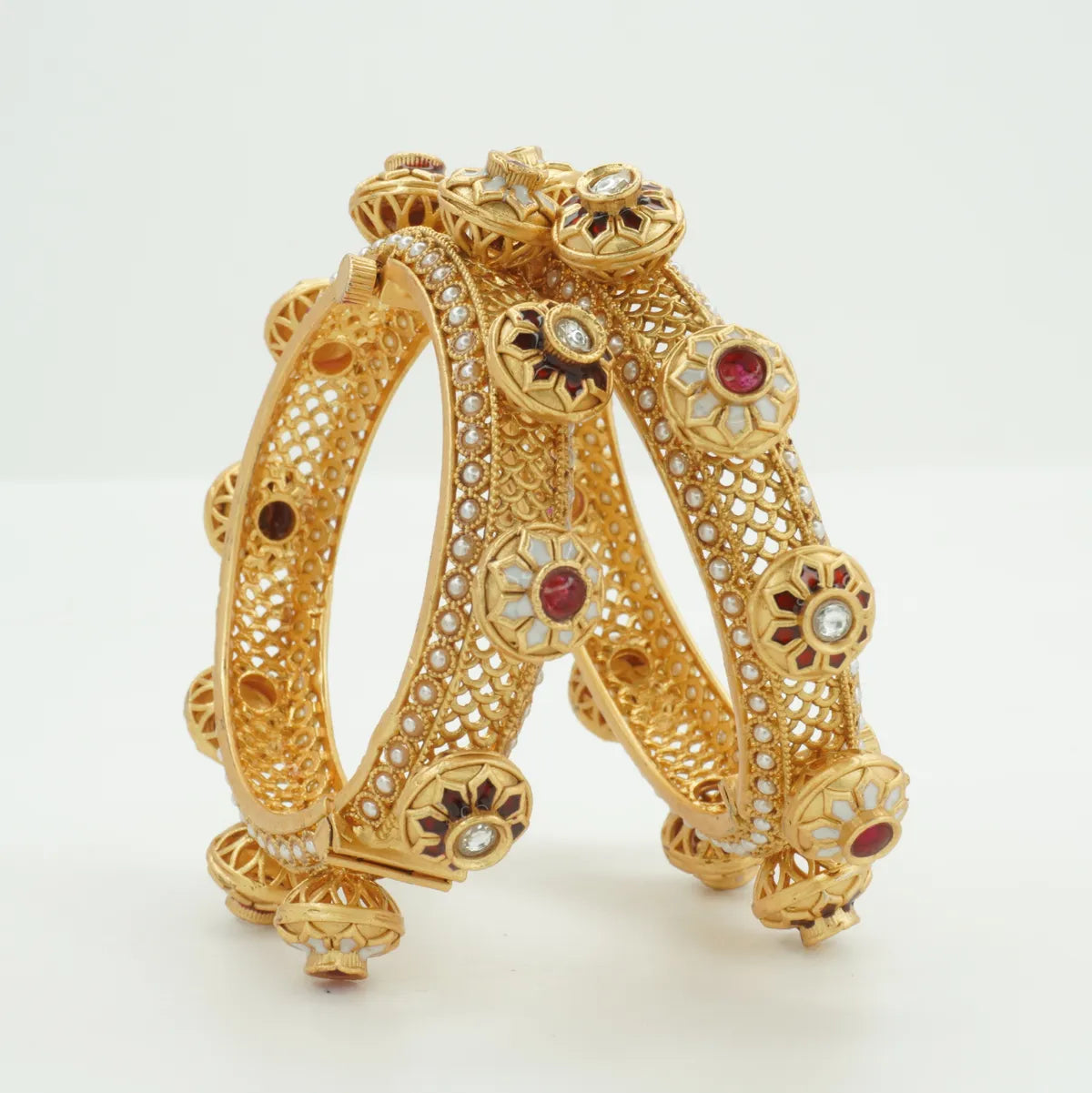Panini Jewels Gold Plated Kundan Pearl Floral Designer Bangles Set