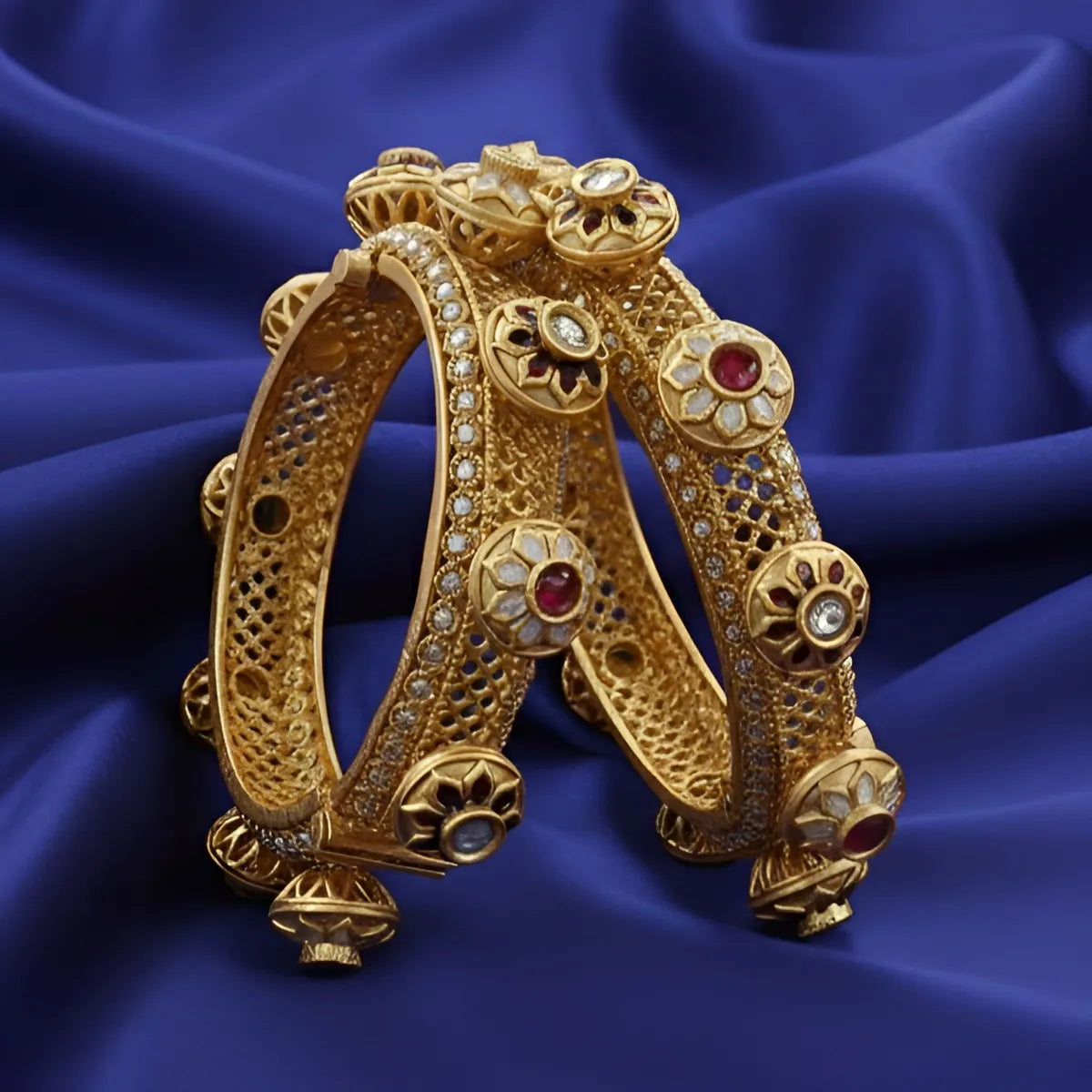 Panini Jewels Gold Plated Kundan Pearl Floral Designer Bangles Set