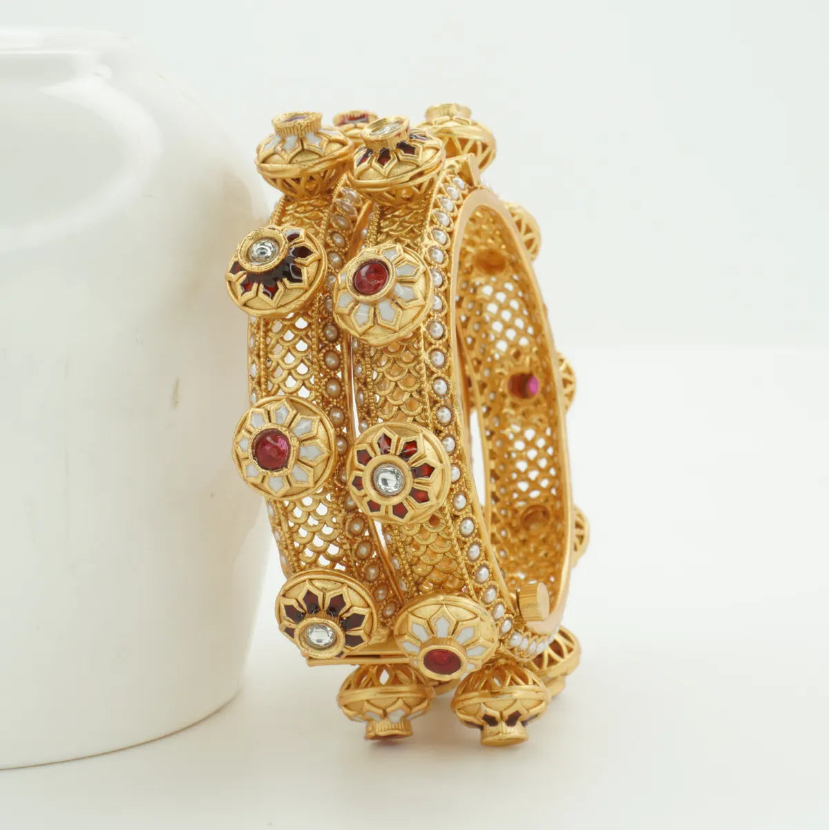 Panini Jewels Gold Plated Kundan Pearl Floral Designer Bangles Set