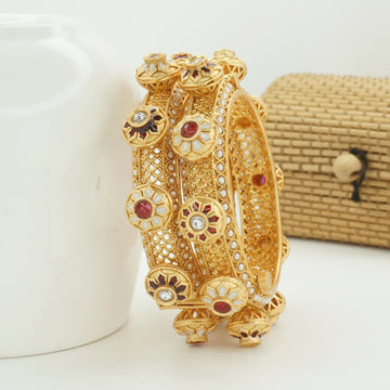 Panini Jewels Gold Plated Kundan Pearl Floral Designer Bangles Set
