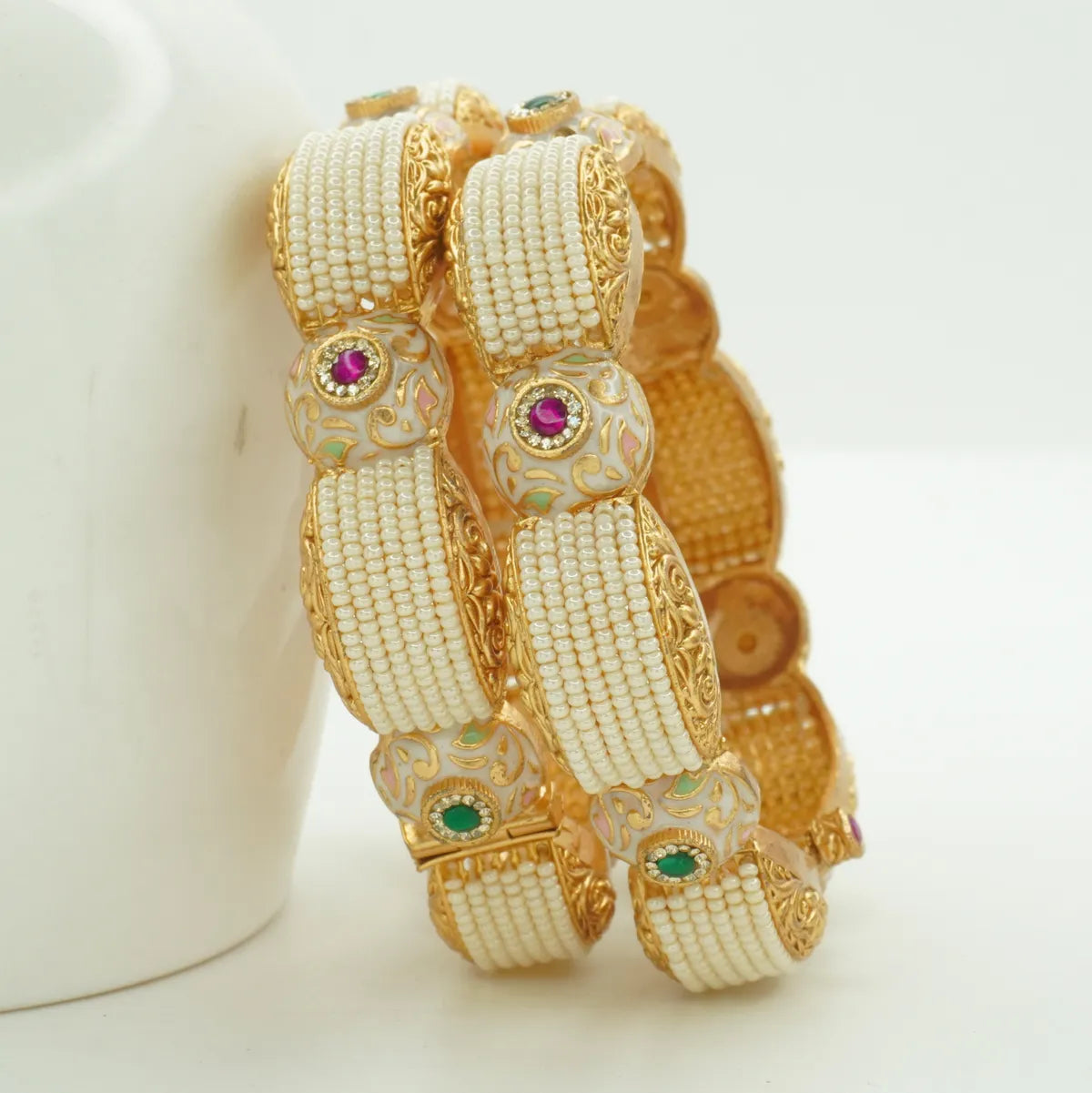 Elegant White Meenakari Antique Gold Plated Kada Bangle Pair for Women
