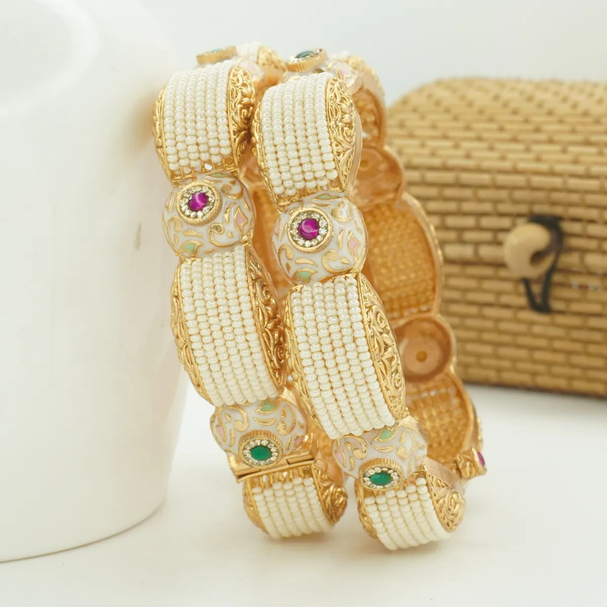 Elegant White Meenakari Antique Gold Plated Kada Bangle Pair for Women