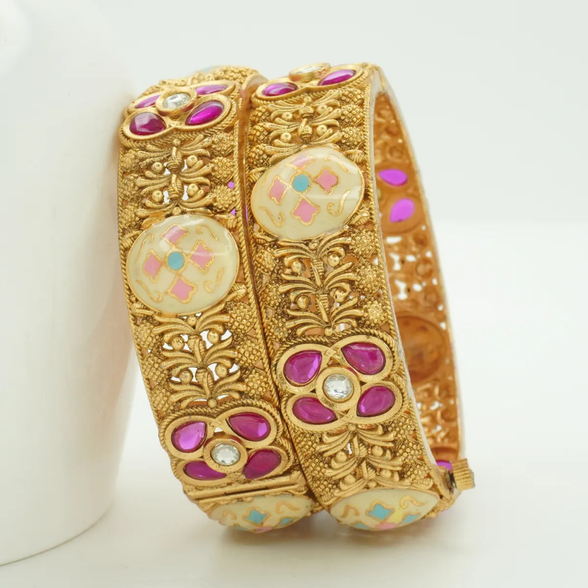 Antique Gold Plated Meenakari & Pink Stone Designer Kada Bangle Pair for Women